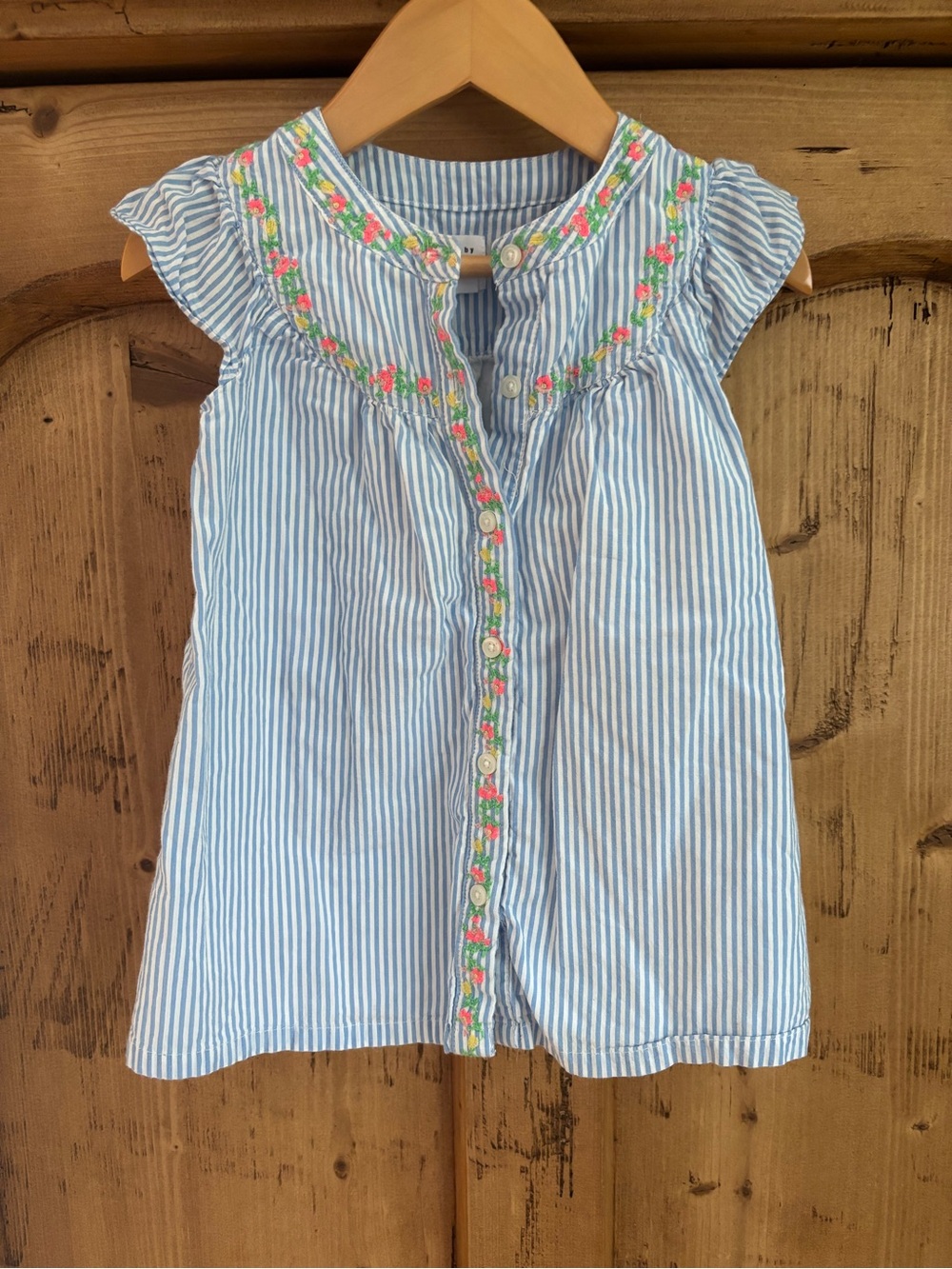 Baby GAP Blue & White Striped Embroidered Flutter Sleeve Dress Size 2T